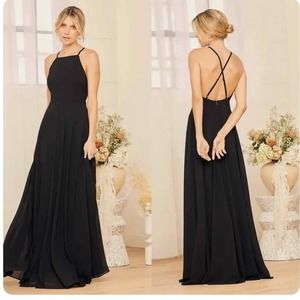 Lulu’s Mythical Kind of Love Black Maxi Dress Flowy Open Criss Cross Back Sz. M